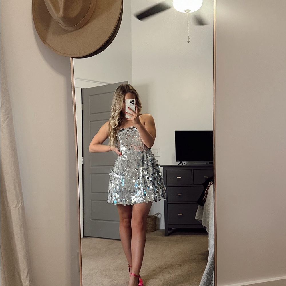 Silver Sequin Strapless Mini Dress